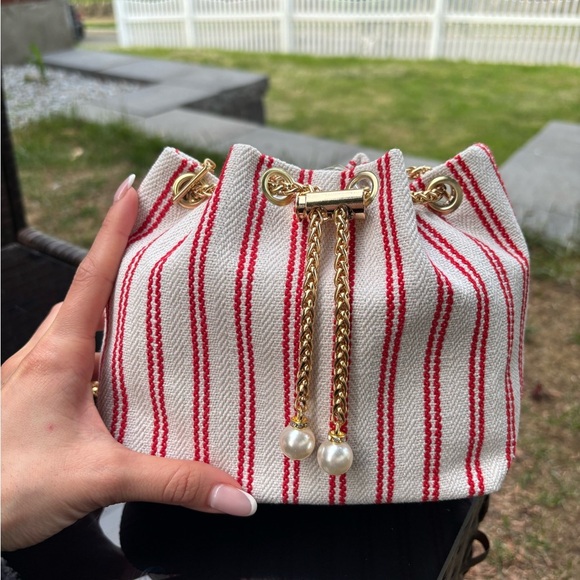 Handbags - Striped Red and White Linen Bucket Bag